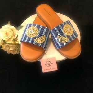 New Nanette Lepore Blue Beaded Lemon Slide Sandals